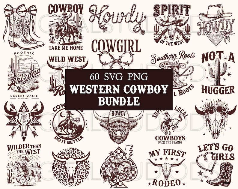 May include: A collection of Western-themed graphics in black and white. The designs include cowboy boots, hats, cacti, and phrases like "Howdy," "Cowboy," and "Wild West." The central text reads "60 SVG PNG Western Cowboy Bundle."