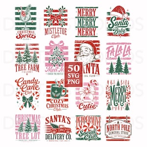 Puede incluir: Una colección de 16 diseños gráficos con temática navideña que presentan texturas desgastadas en rojo, verde y rosa. Las ilustraciones incluyen a Santa Claus, bastones de caramelo, pinos, muérdago y textos como Merry, Santa Baby y North Pole.