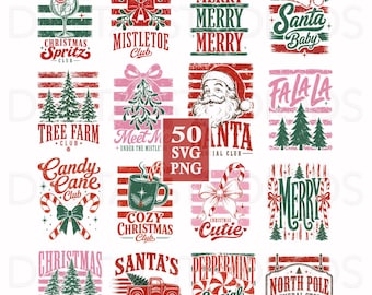 May include: A collection of 16 Christmas-themed graphic designs featuring red, green, and pink distressed textures. Illustrations include Santa Claus, candy canes, pine trees, mistletoe, and text such as Merry, Santa Baby, and North Pole General Store.