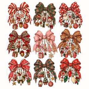 May include: A collection of nine decorative Christmas bows, each featuring distinct patterns like red stripes, leopard print, plaid, and polka dots. Each bow is adorned with hanging ornaments including nutcrackers, gingerbread men, gifts, and trees.
