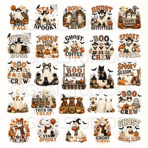 Op de afbeelding: Een verzameling van vijfentwintig Halloween-grafische ontwerpen met geesten, pompoenen, zwarte katten en herfstmotieven. Elke illustratie bevat tekst zoals Boo Y'all, Spooky, Ghost Crew, Boo Market en Ghost Social Club in oranje en zwart.