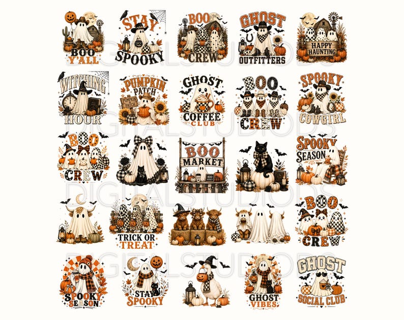 Op de afbeelding: Een verzameling van vijfentwintig Halloween-grafische ontwerpen met geesten, pompoenen, zwarte katten en herfstmotieven. Elke illustratie bevat tekst zoals Boo Y'all, Spooky, Ghost Crew, Boo Market en Ghost Social Club in oranje en zwart.