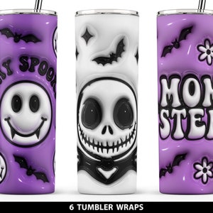 May include: Set of three purple and white tumbler wraps with Halloween themed designs. The designs include a smiling face with fangs, a skeleton with a black bow tie, and the words "Momster" in a retro font.