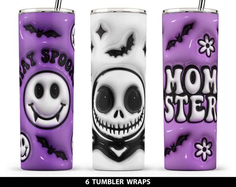 May include: Set of three purple and white tumbler wraps with Halloween themed designs. The designs include a smiling face with fangs, a skeleton with a black bow tie, and the words "Momster" in a retro font.
