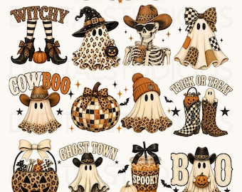 May include: A digital collection of 30 PNG Halloween graphics featuring ghosts, pumpkins, skeletons, and cowboy boots with leopard print, checkered patterns, and text including Witchy, Cowboo, Trick or Treat, Ghost Town, Spooky, and Boo in orange and brown.