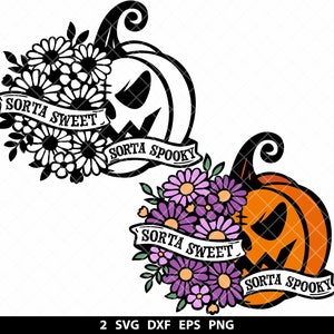 Pode incluir: Duas ilustra&ccedil;&otilde;es de ab&oacute;boras pretas e laranja com uma coroa de flores ao redor. As coroas s&atilde;o flores brancas &agrave; esquerda e flores roxas &agrave; direita. Cada ab&oacute;bora tem uma faixa que diz "Sorta Sweet" e "Sorta Spooky".