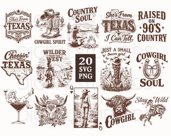 May include: A set of 20 SVG and PNG files featuring a country and western theme. The designs include text such as "Country Soul", "Wilder Than The West", and illustrations of a cowgirl, a horse, and a bull skull.