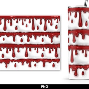 May include: A white tumbler with a red dripping paint design. The design is repeated on the tumbler.