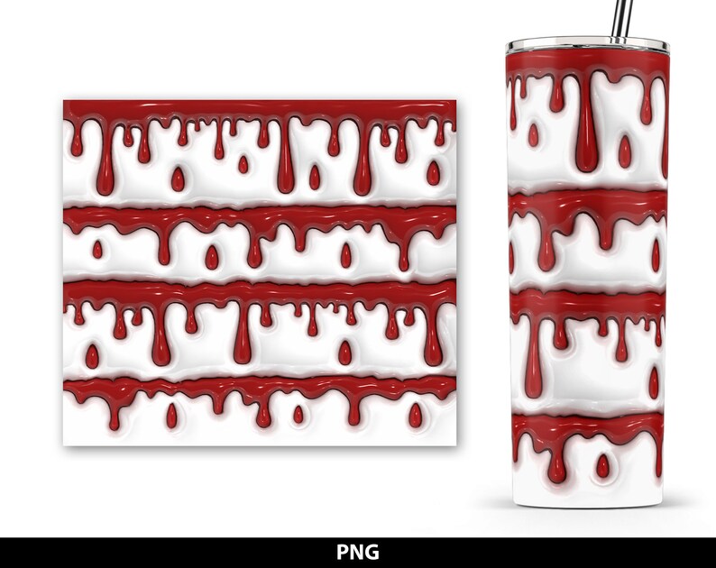 May include: A white tumbler with a red dripping paint design. The design is repeated on the tumbler.