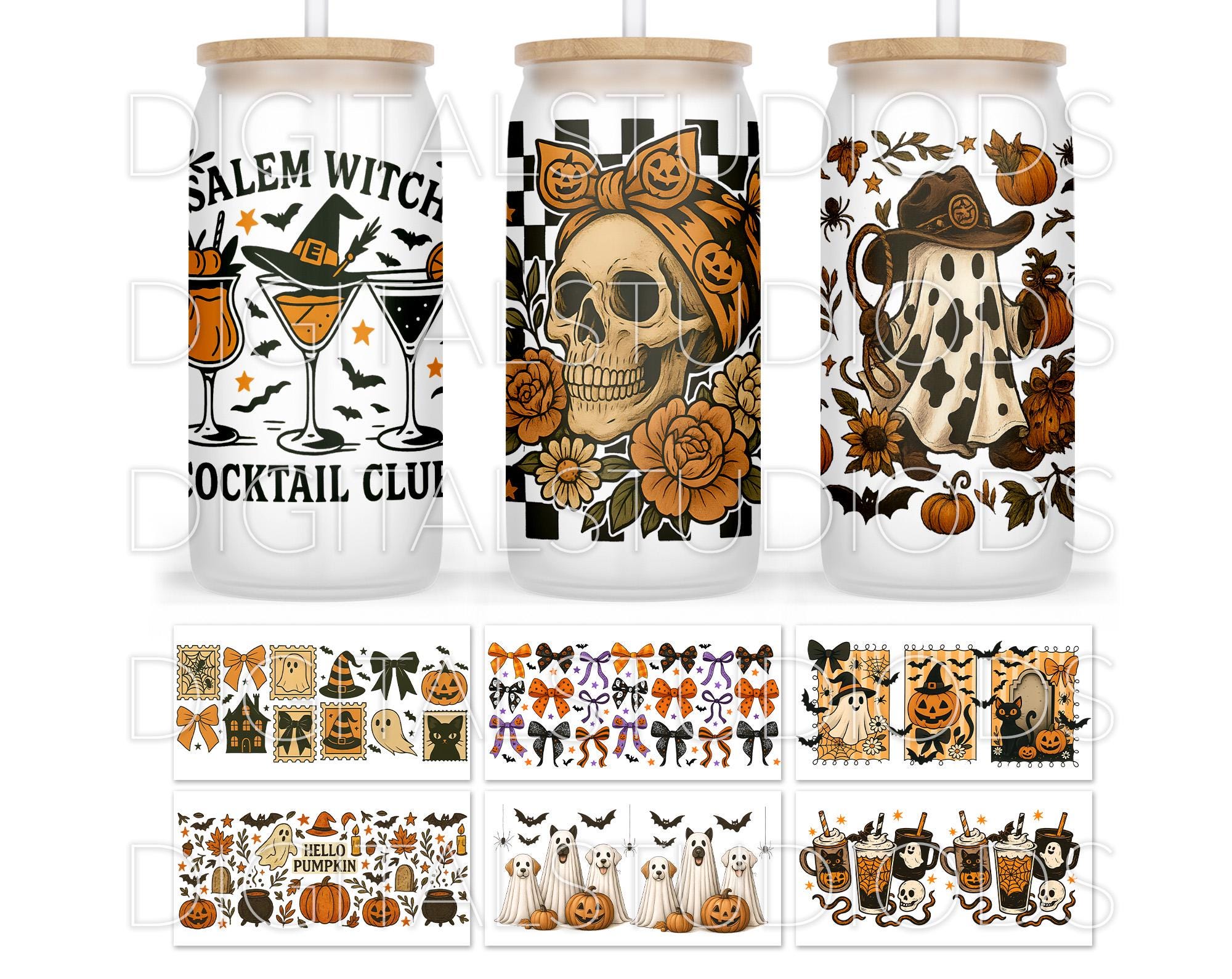 Halloween Can Glass Wrap PNG Bundle, 16oz Libbey Glass Cup Wraps ...