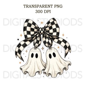 Op de afbeelding: Een digitale illustratie met twee witte geesten met zwarte ovale ogen die aan een grote zwart-wit geblokte strik hangen. Het ontwerp bevat kleine gouden steraccenten en de tekst "TRANSPARENT PNG 300 DPI" bovenaan, met "DIGITALSTUDIODS" als watermerk.