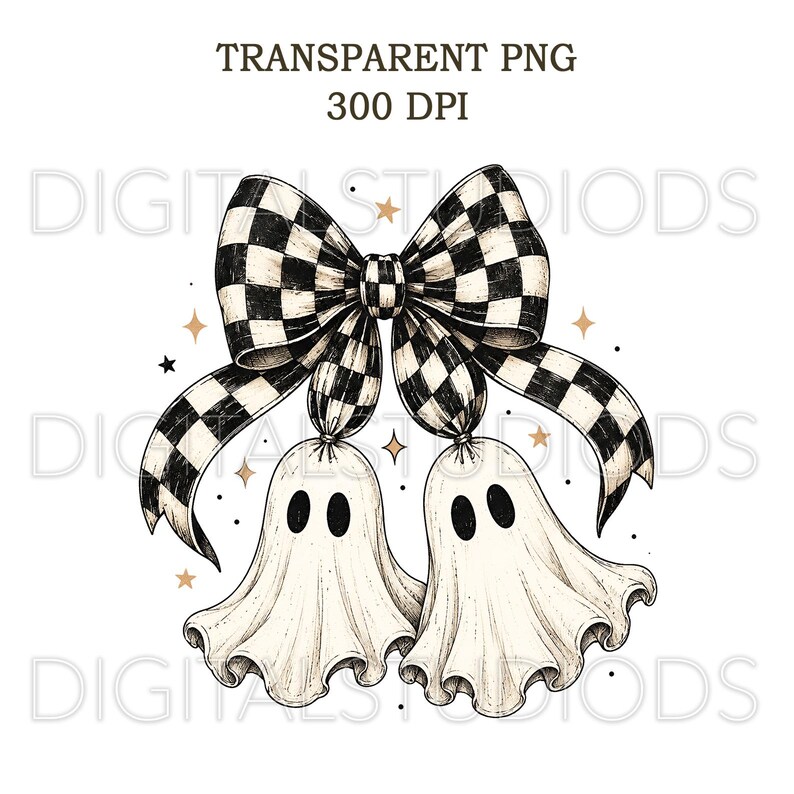 Op de afbeelding: Een digitale illustratie met twee witte geesten met zwarte ovale ogen die aan een grote zwart-wit geblokte strik hangen. Het ontwerp bevat kleine gouden steraccenten en de tekst "TRANSPARENT PNG 300 DPI" bovenaan, met "DIGITALSTUDIODS" als watermerk.