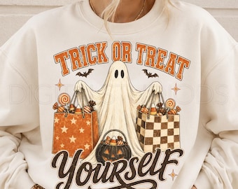 Trick or Treat Yourself PNG, Halloween Ghost PNG, Cute Spooky Season Sublimation Design, Vintage Trick or Treat Shirt Graphic
