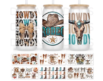 Western Libbey Glass Can Wrap PNG, 16oz Can Glass Sublimation Bundle, Rodeo Cowgirl Aesthetic Wraps, Instant Download