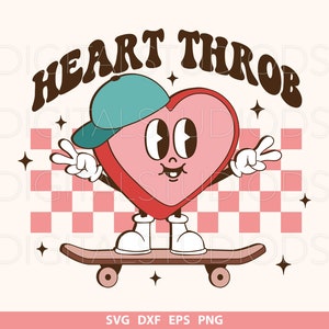 May include: A red heart with a smiling face wearing a blue baseball cap and white gloves is skateboarding on a checkered background. The text "HEART THROB" is written in a retro font above the heart.