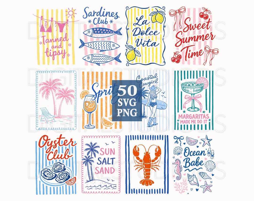 Coastal Summer SVG PNG Bundle, Beach Clipart Bundle, Retro Preppy Coquette Graphics, Ocean