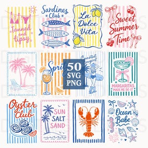 Paquete de imágenes SVG y PNG de verano costero, paquete de imágenes prediseñadas de playa, gráficos retro preppy coquetos, diseños de vacaciones en la playa oceánica, cóctel de sardinas y langosta