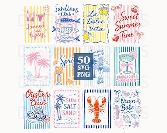 Coastal Summer SVG PNG Bundle, Beach Clipart Bundle, Retro Preppy Coquette Graphics, Ocean Beach Vacation Designs, Sardines Lobster Cocktail