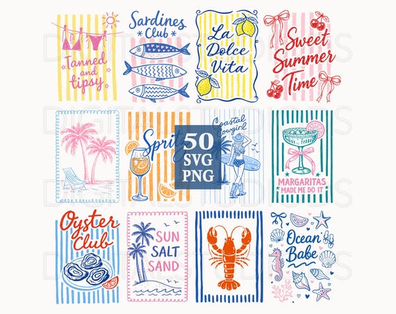 Coastal Summer SVG PNG Bundle, Beach Clipart Bundle, Retro Preppy Coquette Graphics, Ocean Beach Vacation Designs, Sardines Lobster Cocktail