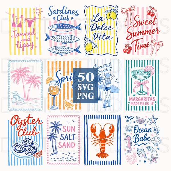 Coastal Summer SVG PNG Bundle, Beach Clipart Bundle, Retro Preppy Coquette Graphics, Ocean Beach Vacation Designs, Sardines Lobster Cocktail