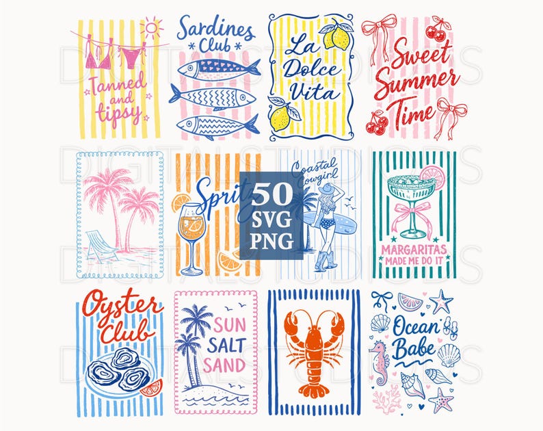 Coastal Summer SVG PNG Bundle, Beach Clipart Bundle, Retro Preppy Coquette Graphics, Ocean Beach Vacation Designs, Sardines Lobster Cocktail image 1