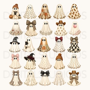 Puede incluir: Una colecci&oacute;n de veinte ilustraciones de fantasmas dispuestas en una cuadr&iacute;cula. Cada fantasma presenta un dise&ntilde;o &uacute;nico, incluyendo varios sombreros, lazos, patrones y accesorios como calabazas, gatos y estrellas, en tonos neutros.