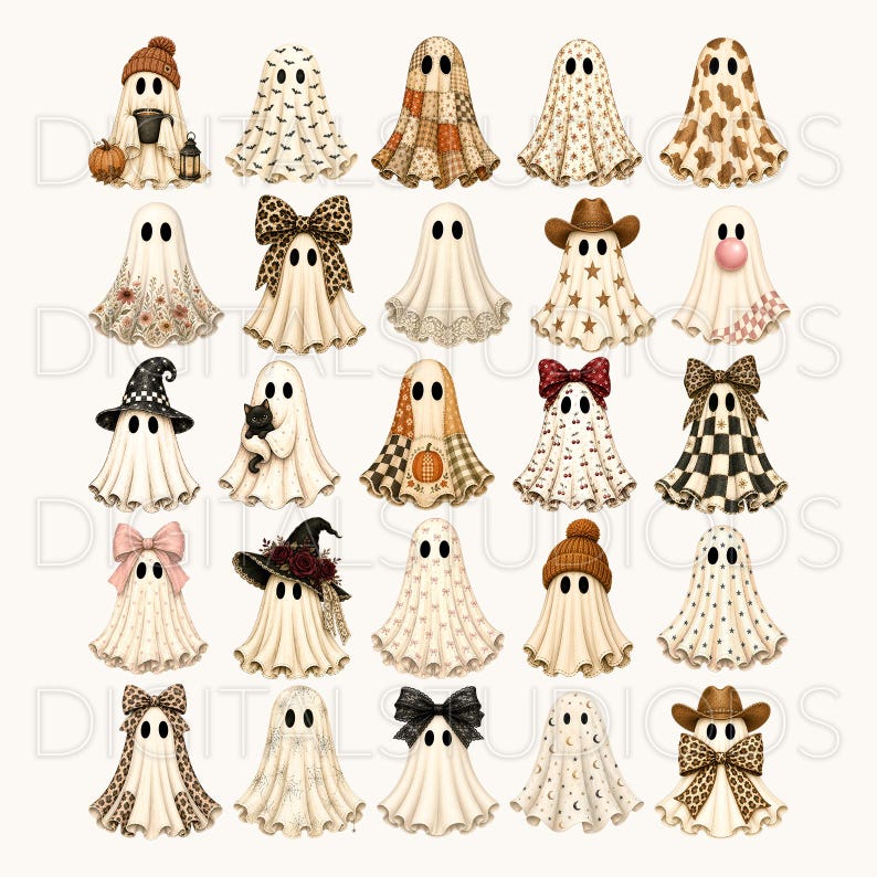 Puede incluir: Una colecci&oacute;n de veinte ilustraciones de fantasmas dispuestas en una cuadr&iacute;cula. Cada fantasma presenta un dise&ntilde;o &uacute;nico, incluyendo varios sombreros, lazos, patrones y accesorios como calabazas, gatos y estrellas, en tonos neutros.