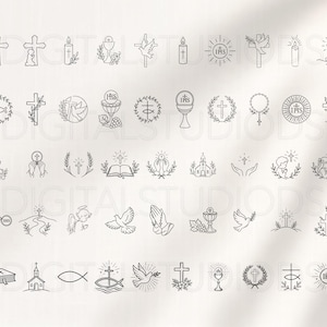 May include: A selection of black and white line art illustrations depicting religious symbols. The designs include crosses, doves, chalices, candles, and other Christian imagery. Ideal for digital design projects.