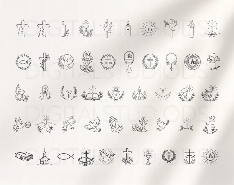 May include: A selection of black and white line art illustrations depicting religious symbols. The designs include crosses, doves, chalices, candles, and other Christian imagery. Ideal for digital design projects.