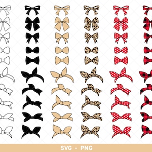 May include: A collection of bow designs in various styles and colors. Includes solid black, tan, leopard print, red polka dot, and red and black plaid bows. The image also features bow headbands and the text "SVG - PNG".