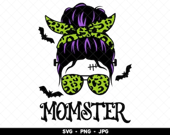Momster svg, Halloween Mama svg, Spooky Mama svg, Momster png, Halloween Mom png, Messy Bun Halloween png, Momster Sublimation