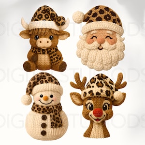 May include: A collection of four whimsical Christmas-themed illustrations. The set includes a Highland cow, Santa Claus, a snowman, and a reindeer, all adorned with knitted textures and leopard print accents on their hats and scarves. The characters are rendered in warm, inviting colors.