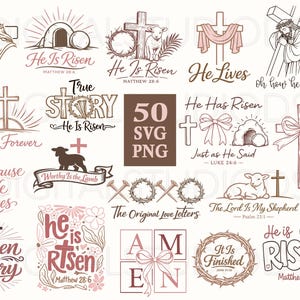 Puede incluir: Una colección de 50 gráficos SVG y PNG con temas religiosos. Los diseños incluyen cruces, corderos y frases como "Él ha resucitado" y "Amén" en varias fuentes y estilos. La paleta de colores es principalmente marrón y rosa.