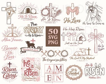 Christian Easter SVG Bundle, He Is Risen SVG PNG, Jesus Cross Bible Verse, Religious Easter Cut Files for Cricut Silhouette
