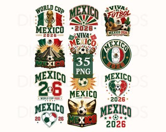 May include: A collection of 35 digital graphic designs featuring football themes for the 2026 World Cup in Mexico. The illustrations include footballs, the Mexican flag, pyramids, guitars, and text such as Mexico, 2026, and Viva El Futbol.
