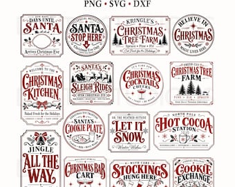 May include: A digital collection of 100 vintage Christmas signs in PNG, SVG, and DXF formats. The graphic set features various rectangular and circular designs in red and black ink on a white background, showcasing holiday-themed typography and illustrations.