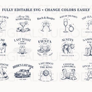 May include: A collection of black and white illustrations featuring cocktail glasses, champagne bottles, and other party-themed graphics. Text includes phrases like "Bride's Crew," "Bach & Boujee," and "Final Fiesta Club."