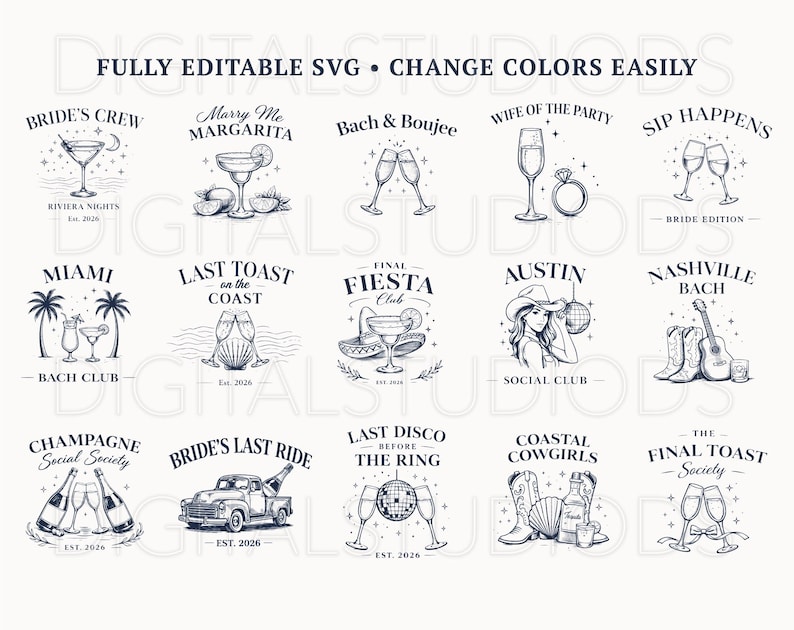 May include: A collection of black and white illustrations featuring cocktail glasses, champagne bottles, and other party-themed graphics. Text includes phrases like "Bride's Crew," "Bach & Boujee," and "Final Fiesta Club."