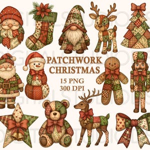 Op de afbeelding: Een verzameling digitale kerstillustraties. De afbeeldingen tonen de kerstman, een sneeuwpop, een kabouter, een rendier, een kerstboom, een peperkoeken man, een notenkraker, een ster, een teddybeer, een kous en een strik, allemaal in patchwork-stijl.