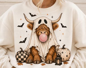 Halloween Highland Cow PNG, Cute Ghost Cow PNG, Spooky Highland Cow Sublimation Design, Funny Bubble Gum Cow Shirt Graphic, Fall PNG