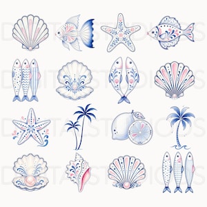 May include: A collection of nautical-themed illustrations featuring seashells, fish, starfish, palm trees, and a lemon. The designs are in blue, pink, and white, with intricate patterns and details. The overall theme is coastal and summery.