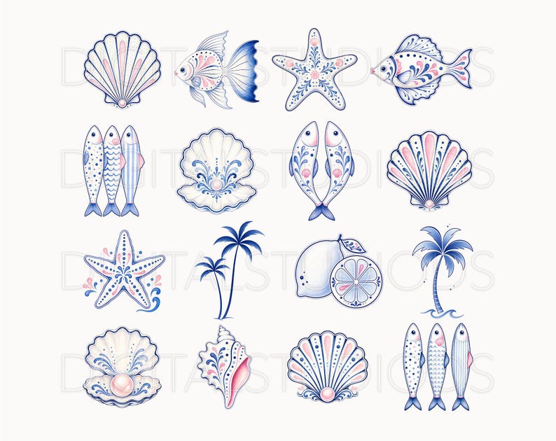 May include: A collection of nautical-themed illustrations featuring seashells, fish, starfish, palm trees, and a lemon. The designs are in blue, pink, and white, with intricate patterns and details. The overall theme is coastal and summery.