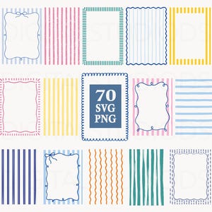 Paquete de marcos SVG con rayas costeras, marcos PNG con bordes ondulados dibujados a mano, plantilla PNG de invitación de verano estilo preppy, marcos de Canva para bodas y baby showers