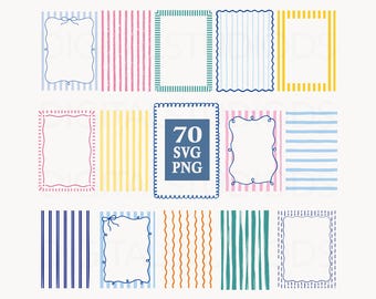 May include: A set of colourful digital graphics with frames and striped backgrounds. The frames have decorative borders and bow accents. The backgrounds include vertical stripes in pink, yellow, blue, and green. The image also includes the text "70 SVG PNG".