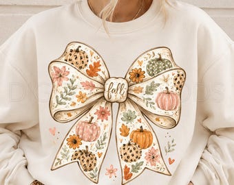 Fall Bow PNG, Pumpkin Bow PNG, Floral Autumn Bow Sublimation Design, Cute Coquette Fall Shirt Graphic