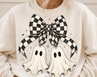 Ghost Bow PNG, Halloween Ghost PNG, Checkered Bow PNG, Coquette Halloween Sublimation Design, Cute Spooky Ghost Shirt Graphic