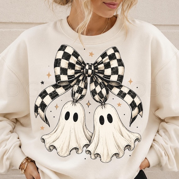 Ghost Bow PNG, Halloween Ghost PNG, Checkered Bow PNG, Coquette Halloween Sublimation Design, Cute Spooky Ghost Shirt Graphic