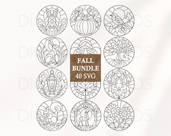 Autumn Stained Glass SVG Bundle, Fall Mosaic svg, Round Stained Glass Patterns, Thanksgiving svg, laser cut files, cricut png