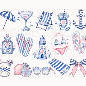 May include: Watercolor illustrations of beach-themed items, including a striped beach umbrella, martini glass, beach chair, drink, anchor, perfume bottle, flip-flops, lighthouse, bikini, and sunglasses. The color palette features blue, pink, and white.
