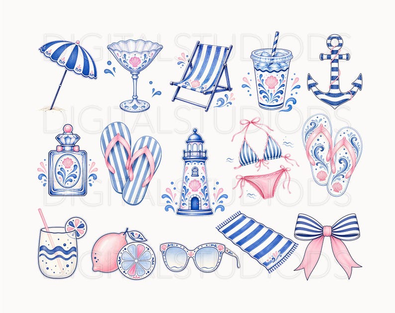May include: Watercolor illustrations of beach-themed items, including a striped beach umbrella, martini glass, beach chair, drink, anchor, perfume bottle, flip-flops, lighthouse, bikini, and sunglasses. The color palette features blue, pink, and white.